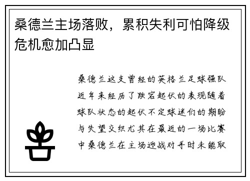 桑德兰主场落败，累积失利可怕降级危机愈加凸显