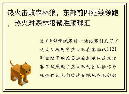 热火击败森林狼，东部前四继续领跑，热火对森林狼聚胜顽球汇