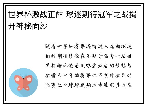 世界杯激战正酣 球迷期待冠军之战揭开神秘面纱