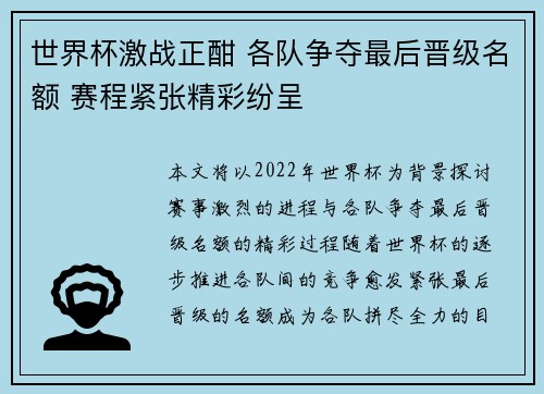 世界杯激战正酣 各队争夺最后晋级名额 赛程紧张精彩纷呈