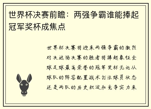 世界杯决赛前瞻：两强争霸谁能捧起冠军奖杯成焦点