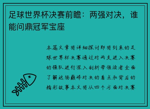 足球世界杯决赛前瞻：两强对决，谁能问鼎冠军宝座
