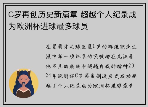 C罗再创历史新篇章 超越个人纪录成为欧洲杯进球最多球员