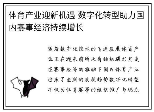 体育产业迎新机遇 数字化转型助力国内赛事经济持续增长